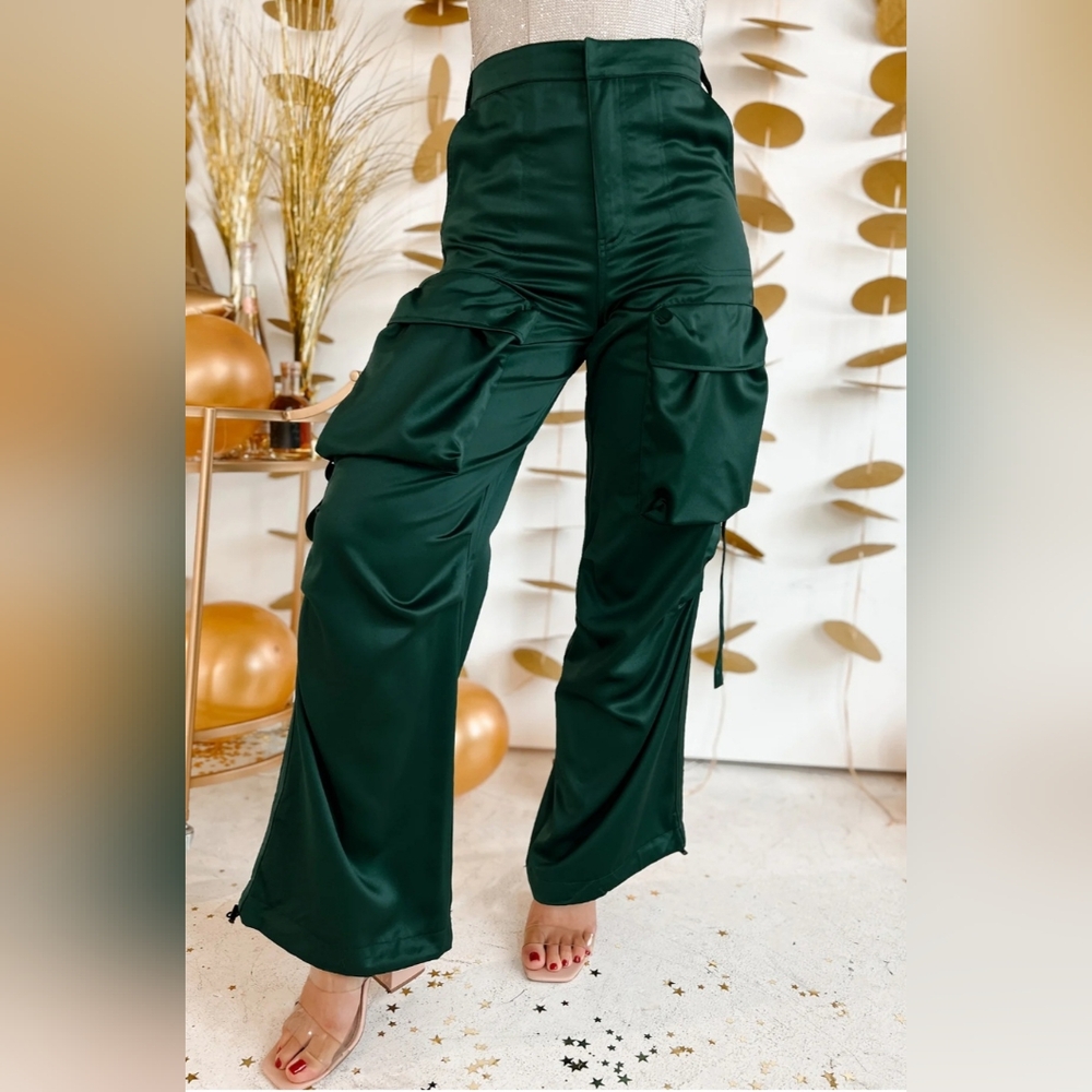 Wide Leg Satin Cargo Pants